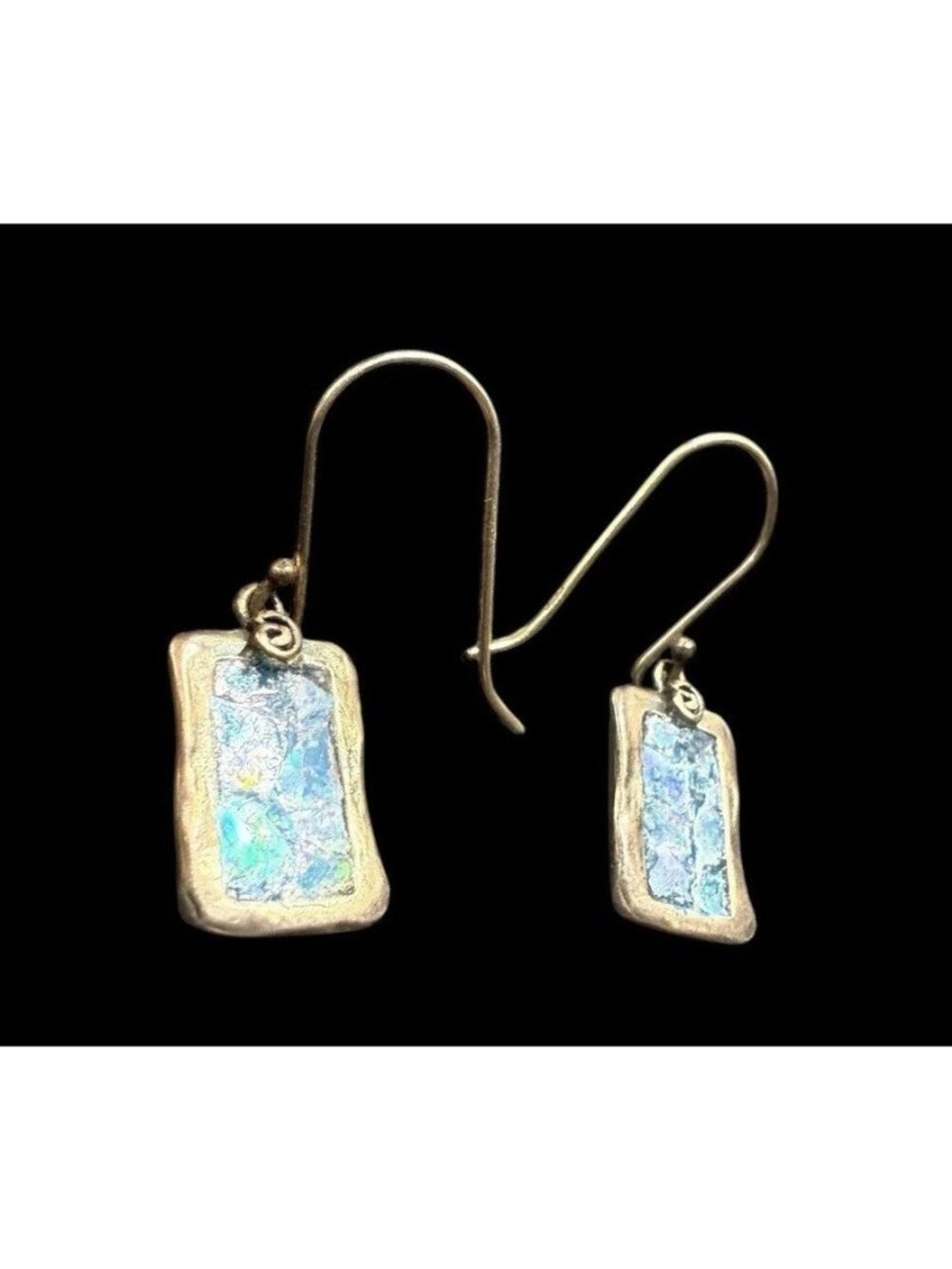 Ancient Roman Glass Sterling Silver Earrings Rectangle Dangle Drop Pierced